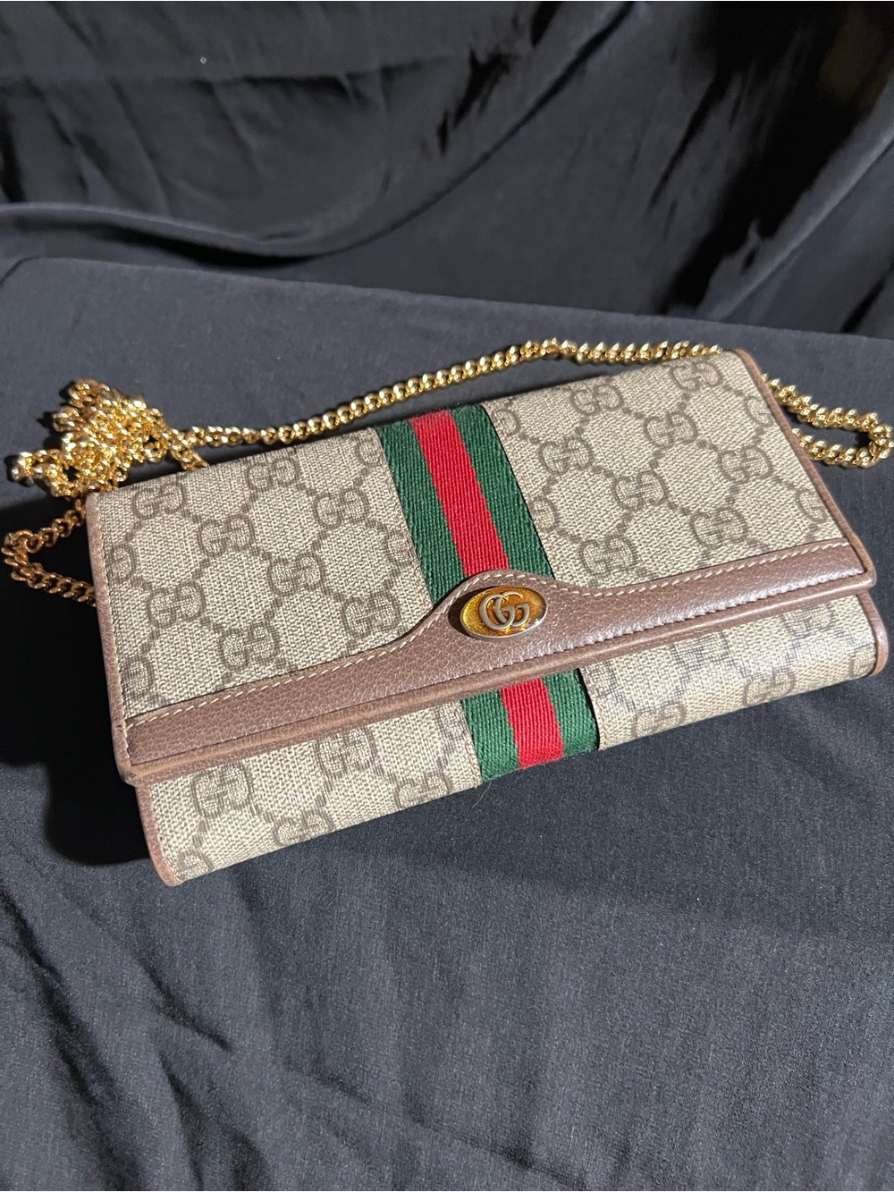 Gucci Beige GG Supreme Crossbody with Green and Red Web and Gold Chain